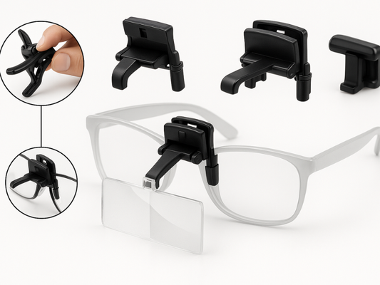 Lupas Eschenbach Labo-Clip acopladas a gafas de visión.