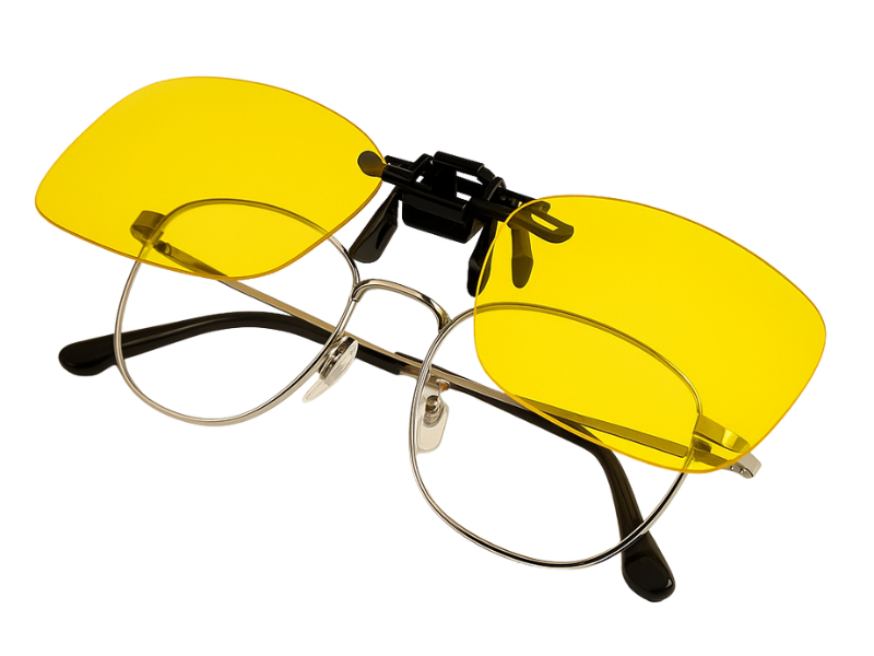 Lente amarilla tipo clip-on que realza los colores y reduce el deslumbramiento.