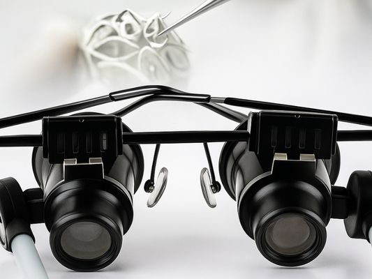 Gafas lupa 20x con luz LED para manualidades y reparación de piezas pequeñas en Madrid.