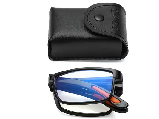 Gafas de lectura plegables con estuche rígido, ideales para llevar en el bolsillo. Diseño compacto, disponibles en Madrid.