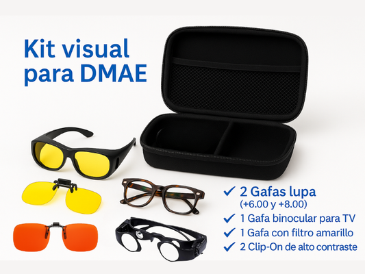 Kit óptico Magnicenter Madrid con gafas y filtros para DMAE. Pruébalo en casa sin compromiso.