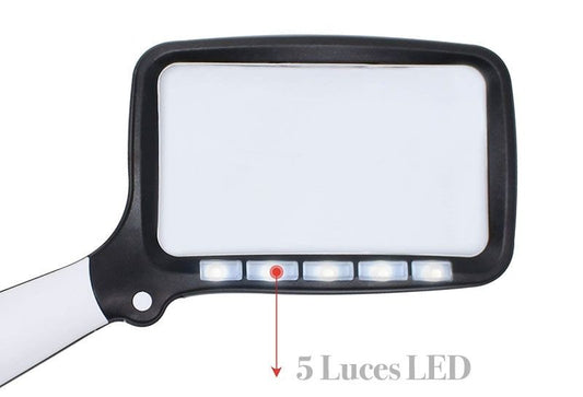 Lupa de mano plegable con aumento de 2X y 5 LEDs, perfecta para lectura y detalles finos en Madrid.