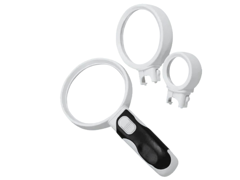 Lupa con lentes intercambiables de 2.5X, 5X y 8X para una visión precisa en Madrid. Ideal para trabajos detallados.