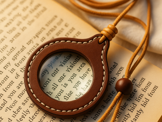 Lupa de colgar con funda de cuero estilo vintage en Madrid, ideal para lectura y detalles finos.