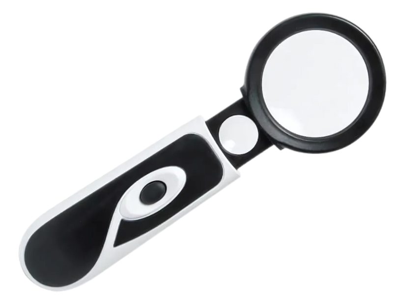 Lupa de mano con aumentos 3.5X y 20X, con luz LED incorporada, perfecta para trabajos precisos y lectura detallada en Madrid.