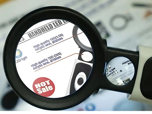 Lupa de mano con aumentos de 3.5X y 20X, equipada con luz LED, ideal para trabajos detallados y lectura en Madrid.