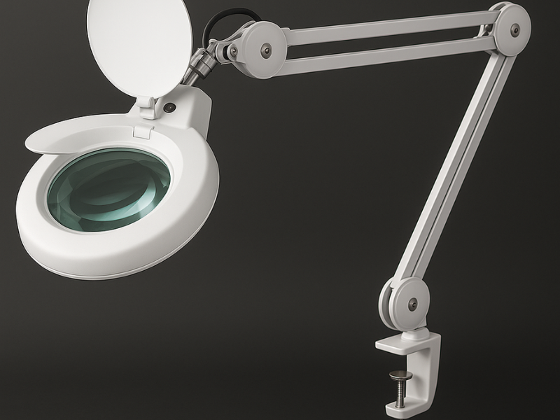 Lupa de mesa con brazo articulado y luz 56 SMD para detalle fino.