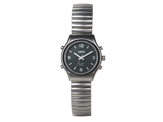 Reloj para ciegos con voz en español y correa extensible, cómodo y accesible para uso diario.