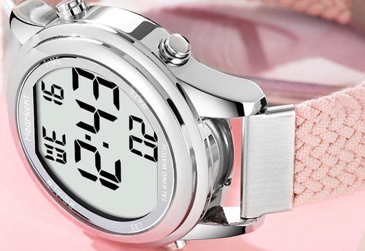 Reloj con voz digital en español, ideal para personas con discapacidad visual.