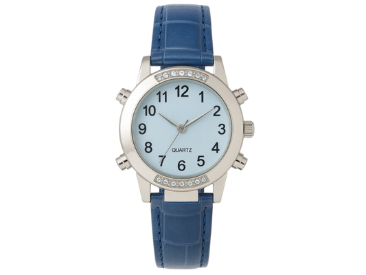 Reloj parlante Cromax con correa de piel azul, diseñado para personas ciegas o con baja visión, disponible en Madrid.