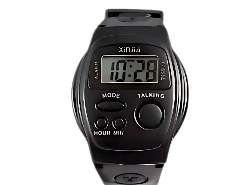 Reloj parlante en español, anuncia la hora con claridad para personas con visión reducida.