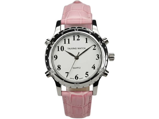 Reloj cromado rosa con voz en español para anunciar la hora con claridad.