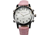 Reloj parlante Cromax rosa, ideal para escuchar la hora con claridad.