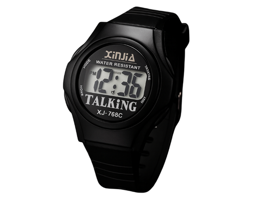 Reloj deportivo parlante con números grandes y correa de goma ajustable, pensado para baja visión.