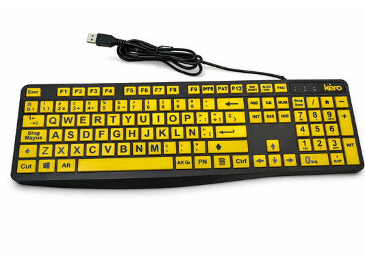 Teclado amarillo para baja visión con letras grandes y alto contraste