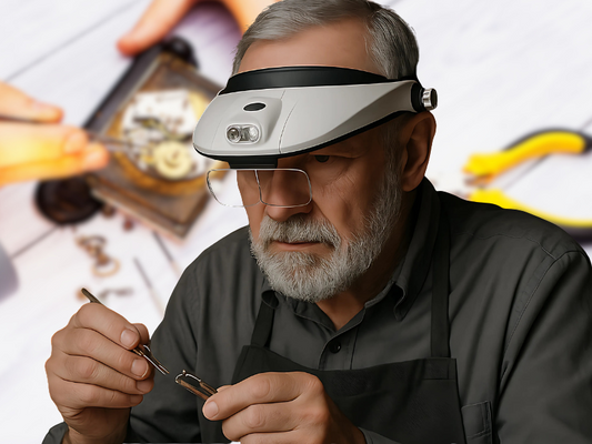 Lupa visera con iluminación LED, perfecta para manualidades, electrónica y lectura en Madrid.