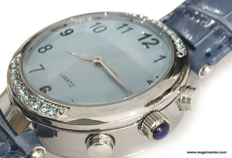 Reloj Parlante para Mujer con Correa de Piel Azul y Anuncio de Hora en Español