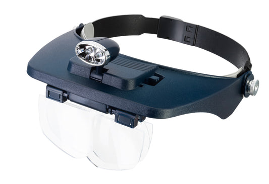 Accesorio de aumento con visera ajustable, iluminación LED y conjunto de 4 lentes intercambiables.