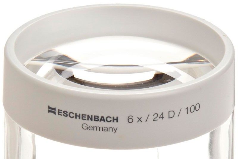 Lupa Eschenbach 6x, ideal para trabajos de precisión, manualidades y lectura, con base transparente que permite una mejor iluminación en Madrid.