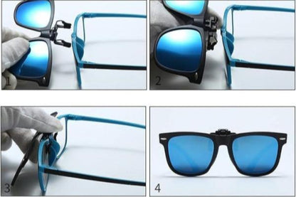 Clip-on espejado azul para gafas, ideal para protección solar y uso diario.