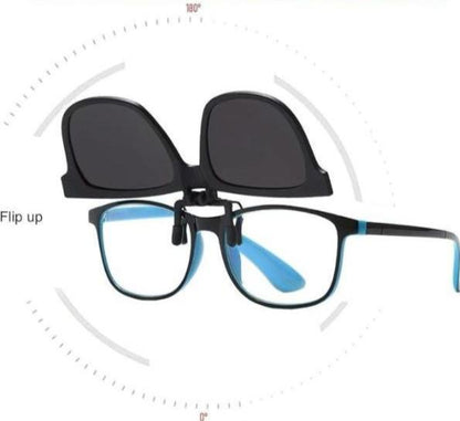 Clip-on espejado azul para gafas, perfecto para protegerse del sol con estilo.