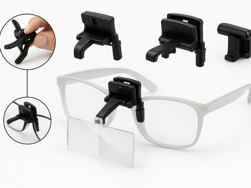 Lupas Eschenbach Labo-Clip acopladas a gafas de visión.