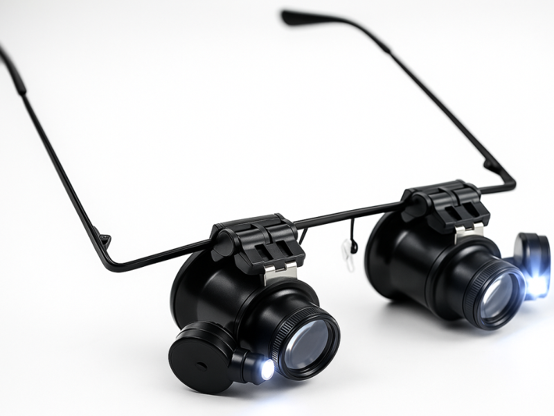 Gafa lupa binocular 20x con luz LED en Madrid para trabajos de alta precisión.