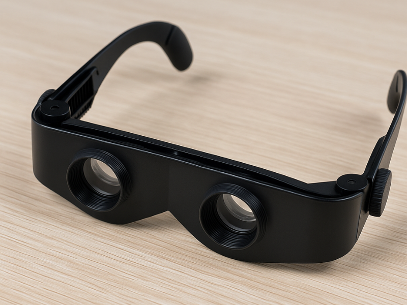 Lupa telescópica binocular que mejora la visión en lectura y observación de detalles.