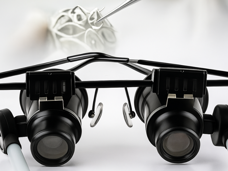 Gafas lupa 20x con luz LED para manualidades y reparación de piezas pequeñas en Madrid.