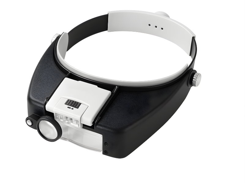 Lupa ergonómica de tipo visera con luz LED integrada, perfecta para usuarios en Madrid que necesitan visión aumentada y manos libres.