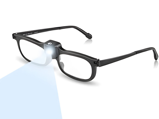 Gafas lupas con aumento 200% y luz LED frontal para lectura, manualidades y trabajos detallados. Montura unisex ligera y cómoda.