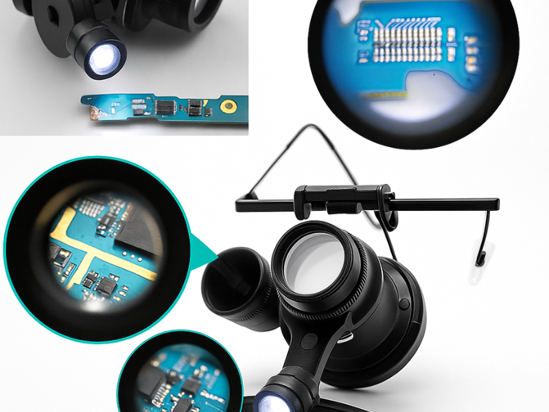 Gafas de aumento 20x con luz LED diseñadas para tareas minuciosas y precisión en Madrid.