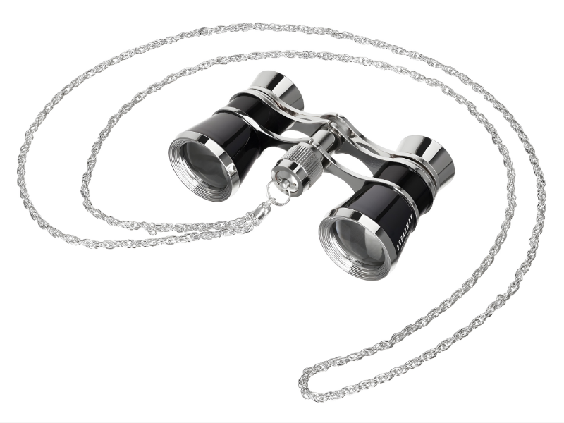 Gemelos de teatro u ópera en Madrid con diseño metálico y lentes BaK-4, ideales para disfrutar de obras, conciertos y espectáculos con visión clara y estilo elegante.