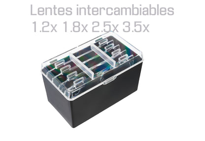 Instrumento de observación con visor frontal, luz LED integrada y juego de 4 lentes de ampliación