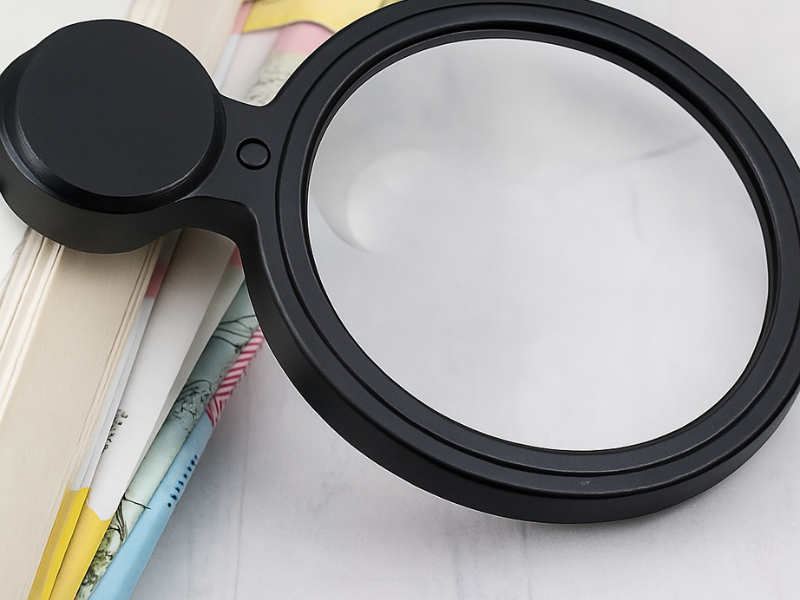 Lupa colgante 4x con luz LED en Madrid, perfecta para ampliar textos y objetos pequeños.