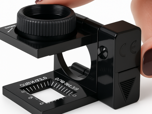 Lupa cuenta hilos 10X con autoenfoque y luz LED integrada.
