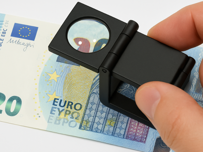 Mano utilizando una lupa cuenta hilos metálica de 8X y 10X para inspeccionar los detalles de un billete de 20 euros sobre fondo blanco.