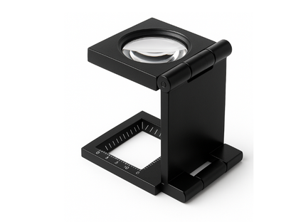 Lupa metálica cuenta hilos de aumentos 7X y 5X utilizada para revisar detalles y precisión.