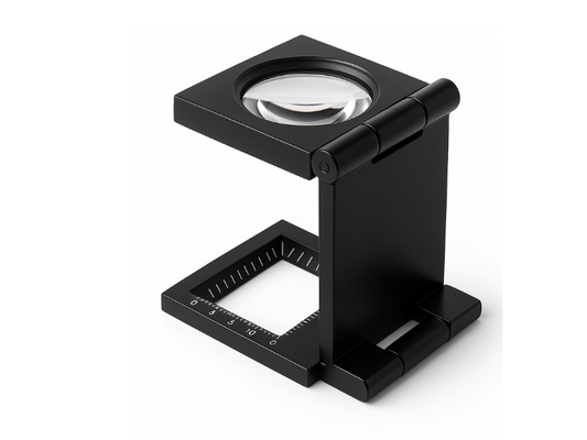 Lupa metálica cuenta hilos de aumentos 7X y 5X utilizada para revisar detalles y precisión.