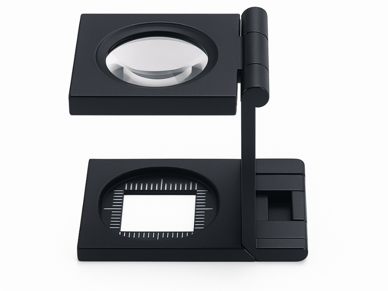 Lupa cuenta hilos metálica de 8X y 10X completamente abierta, con base graduada y lente superior, sobre fondo blanco.