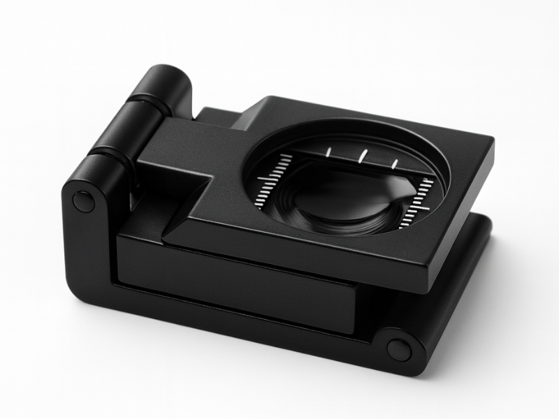 Primer plano de una mano sujetando una lupa cuenta hilos metálica de 8X y 10X con base graduada sobre fondo blanco.