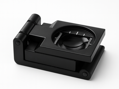 Primer plano de una mano sujetando una lupa cuenta hilos metálica de 8X y 10X con base graduada sobre fondo blanco.