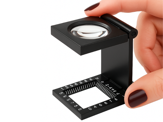 Lupa cuenta hilos metálica de aumento 8X y 10X en posición plegada, mostrando su estructura compacta en color negro.