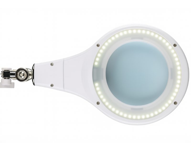 Lupa de mesa con brazo articulado y luz 56 SMD para detalle fino.
