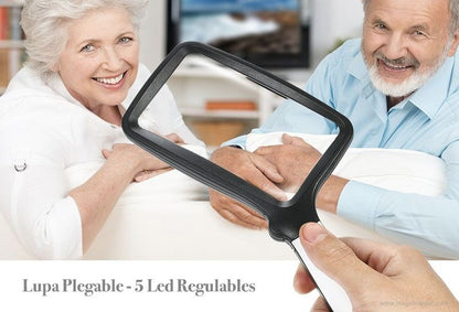 Lupa de mano plegable 2X con 5 LEDs, perfecta para lectura y actividades que requieren detalles finos.