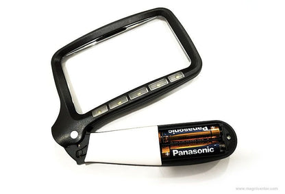 Lupa plegable de mano 2X con 5 LEDs, ideal para mejorar la visibilidad en tareas de lectura y detalles pequeños.