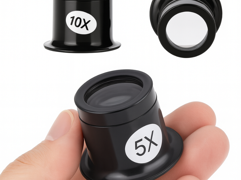Lupa de relojero con aumentos 5X, 10X y 15X para trabajos de precisión.