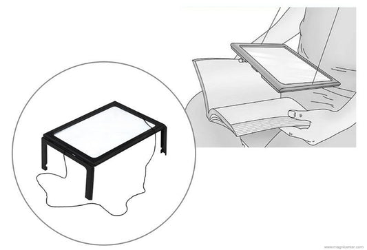 Lupa Fresnel tipo folio con LED, ideal para ver detalles finos y lectura cómoda.