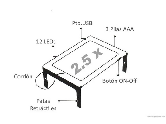 Lupa Fresnel tipo folio con luz LED, perfecta para lectura y detalles pequeños.