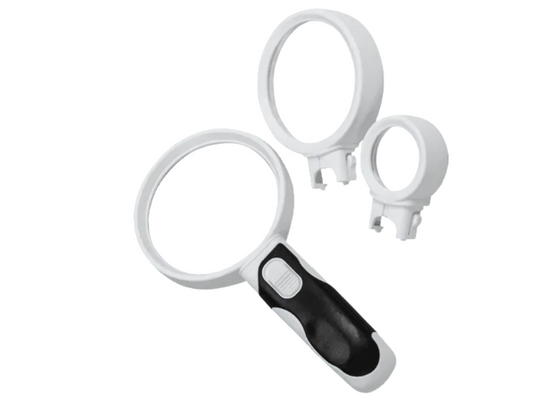 Lupa con lentes intercambiables de 2.5X, 5X y 8X para una visión precisa en Madrid. Ideal para trabajos detallados.